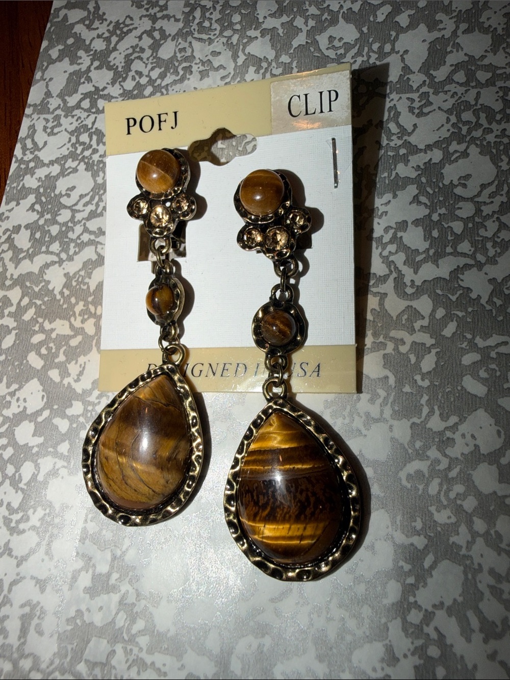 Brown Tiger Eye Drop Clip-On Earrings